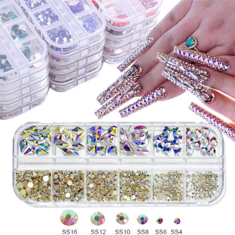 1Box Glass Crystal Non Hot Fix Rhinestone Nail Charms Mix Sizes SS4-SS16 Flatback Diamond 3D Glitter Nail Art Decoration Jewelry