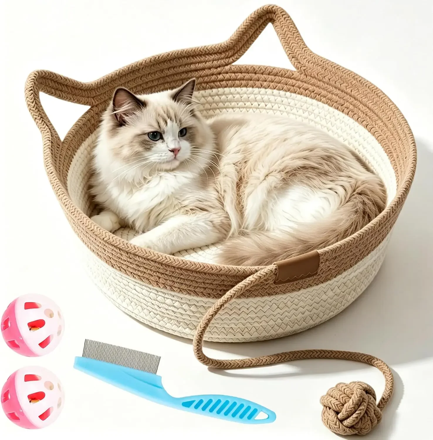 Cat Instinct Basket - Hand-woven Cotton Rope Fun Bed, Equipped with a Toy Tail, Suitable for Scratching and Interactive Pet
