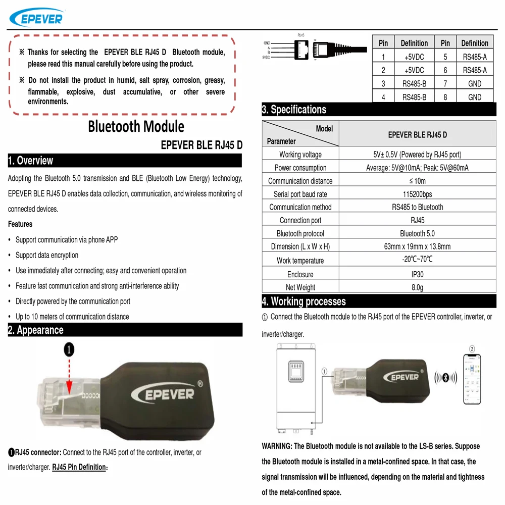 EPever Bluetooth-Compatible RS485 Adapter For EPever Solar Charger Controller And Communication Via Mobile Phone APP BLE RJ45 A