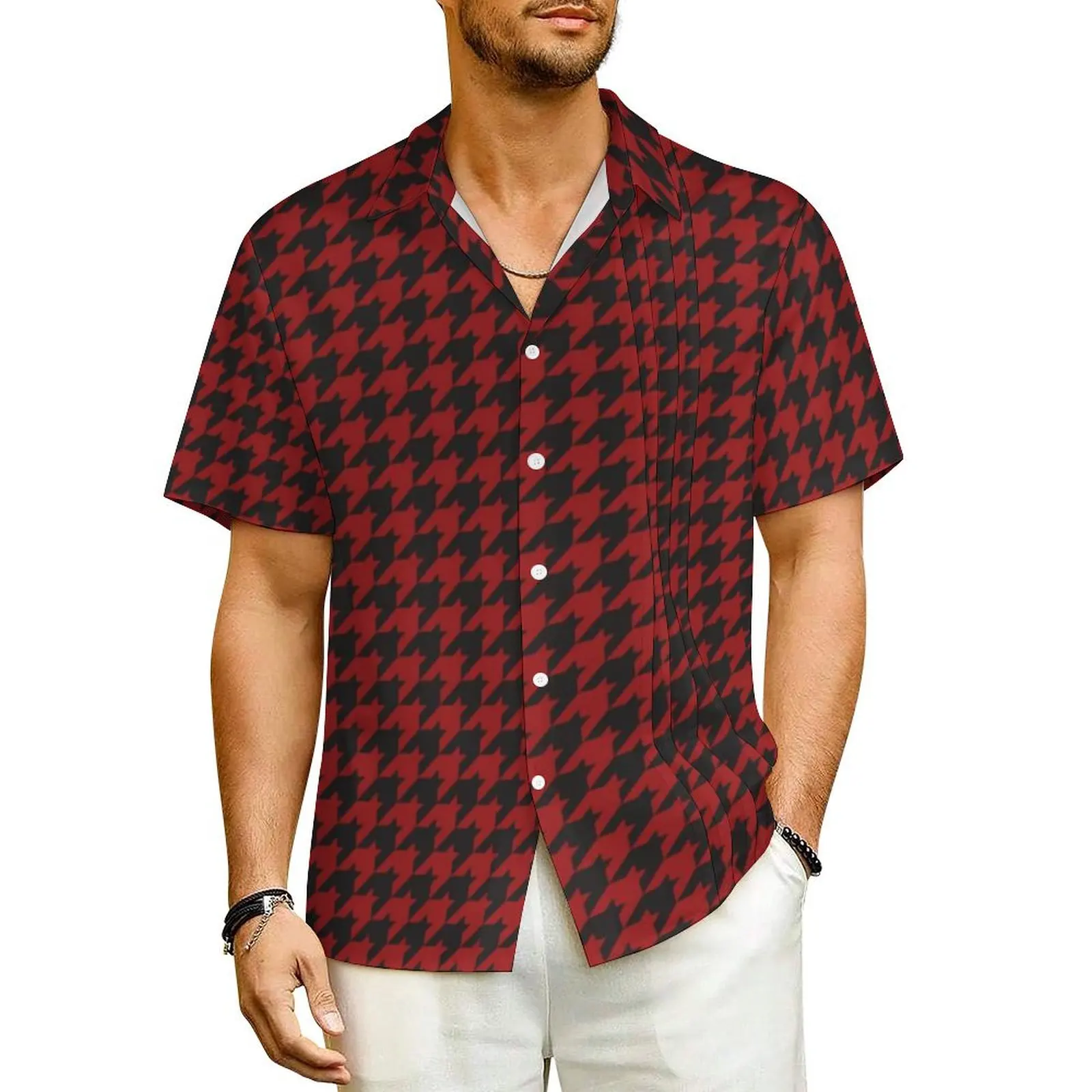 

Summer Shirt Beach Vintage Houndstooth Blouses Red Black Retro Vintage Casual Shirts Men Short Sleeve Streetwear Oversize Tops