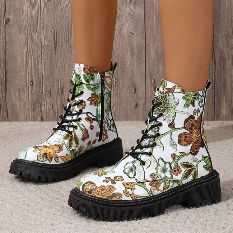 Women's Ankle Boots Round Toe Chunky Lug Sole Floral Print Leather Look Lace Up Side Zipper Casual Combat Booties Outdoor Shoes