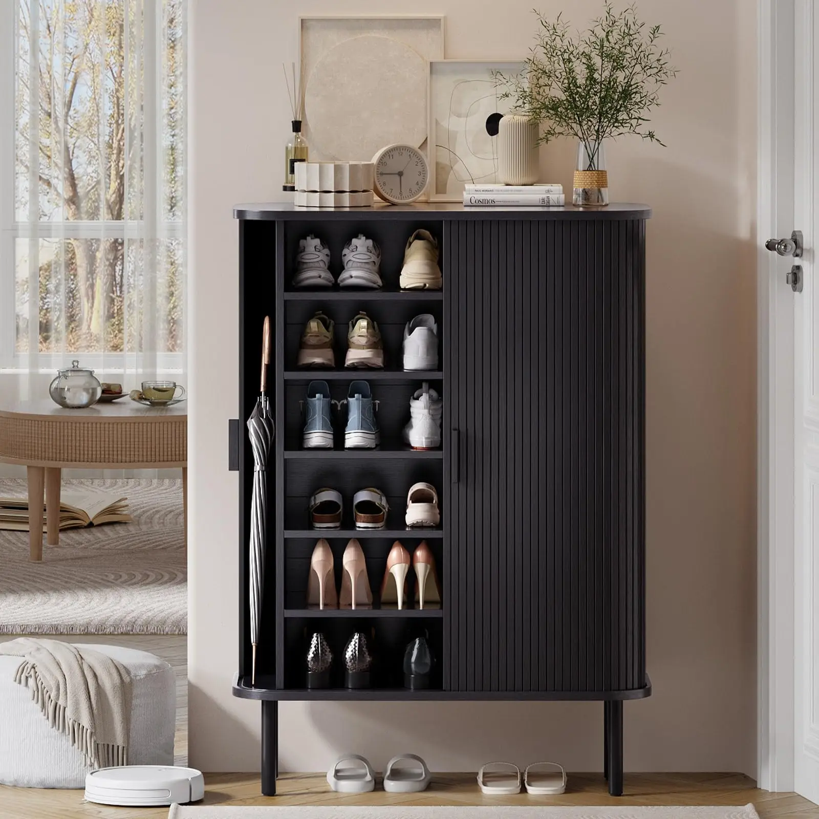 Fluted 6-Tier Shoe Cabinet, Wooden Black Shoe Storage Cabinet with Sliding Door, Shoe Storage Organizer for Entryway, Hallway