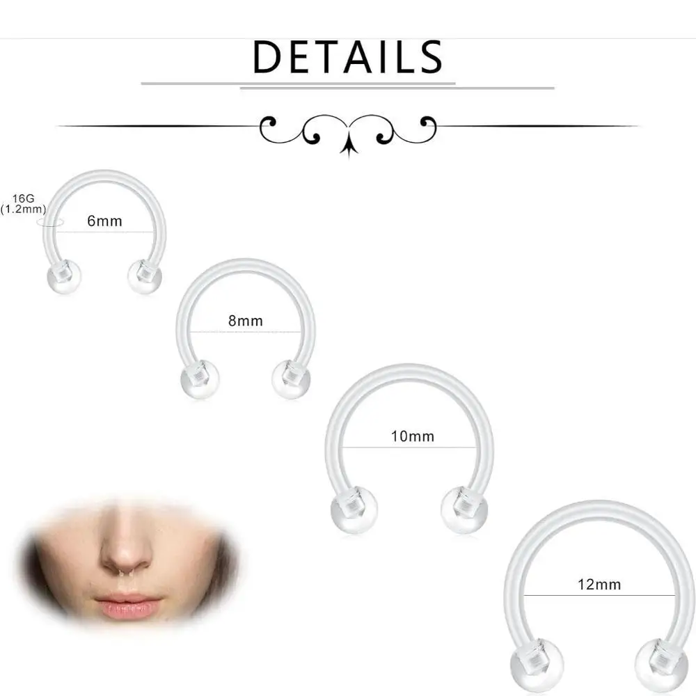 1/24PCS Set 16G Clear Piercing Flexible Cartilage Helix Tragus Earring Retainer Bioflex Acrylic Nose Septum Lip Eyebrow Rings