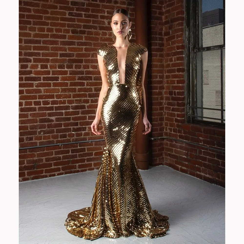 

Customized Women Dresses Golden Slim Deep V-neck Sequined Prom Gowns Charming Elegant Formal Banquet Evening Party Dresses