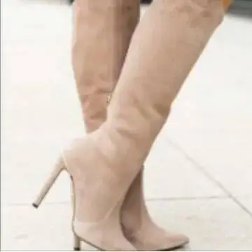 Apricot Stiletto Heels Suede Women\'s Boots Side Zip Pointed Toe Mid Calf Boots Winter High Heel Shoes