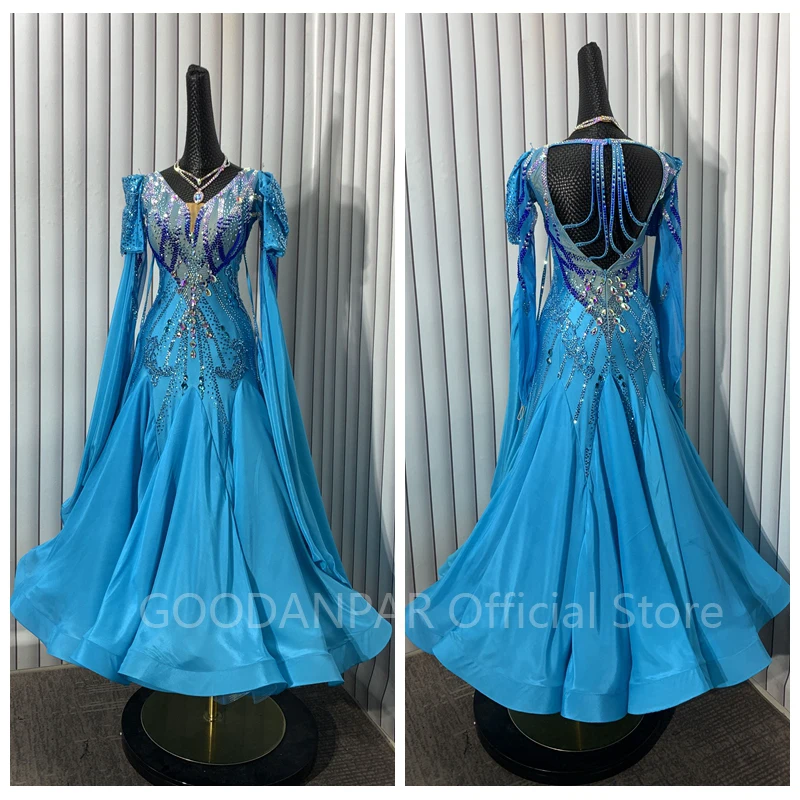 GOODANPAR ballroom dance dress  Standard Ballroom Dance Dress for Competition Costume Long Sleeve blue