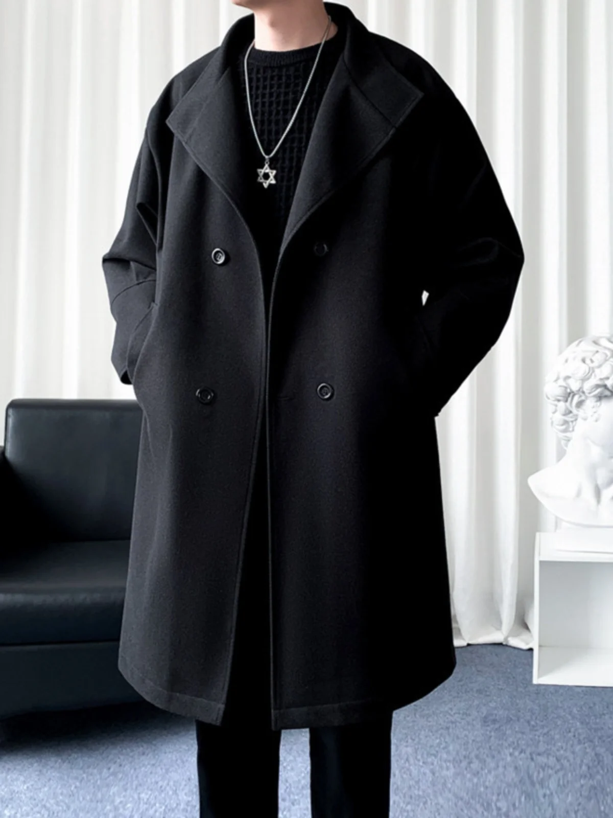 

Cleanfit Bla Woolen Coat Men's Autumn Winter Long Over-Knee Windbreaker Outerwear Trendy Men's Faion Casual Loose Fit