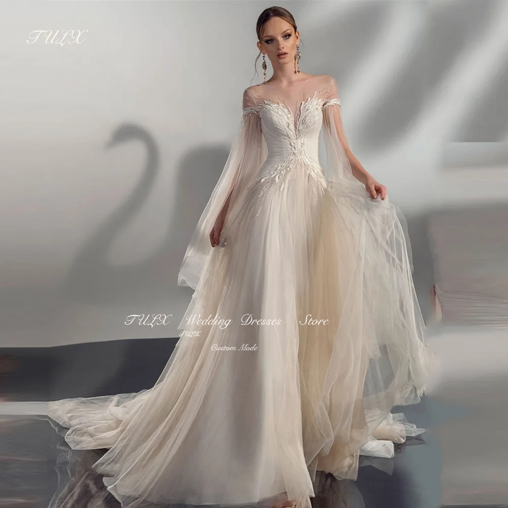 

TULX Luxury Lace Tulle Wedding Dress V Neck Off Shoulder Bridal Gowns Formal Dress Women Floor Length Button Back Customized