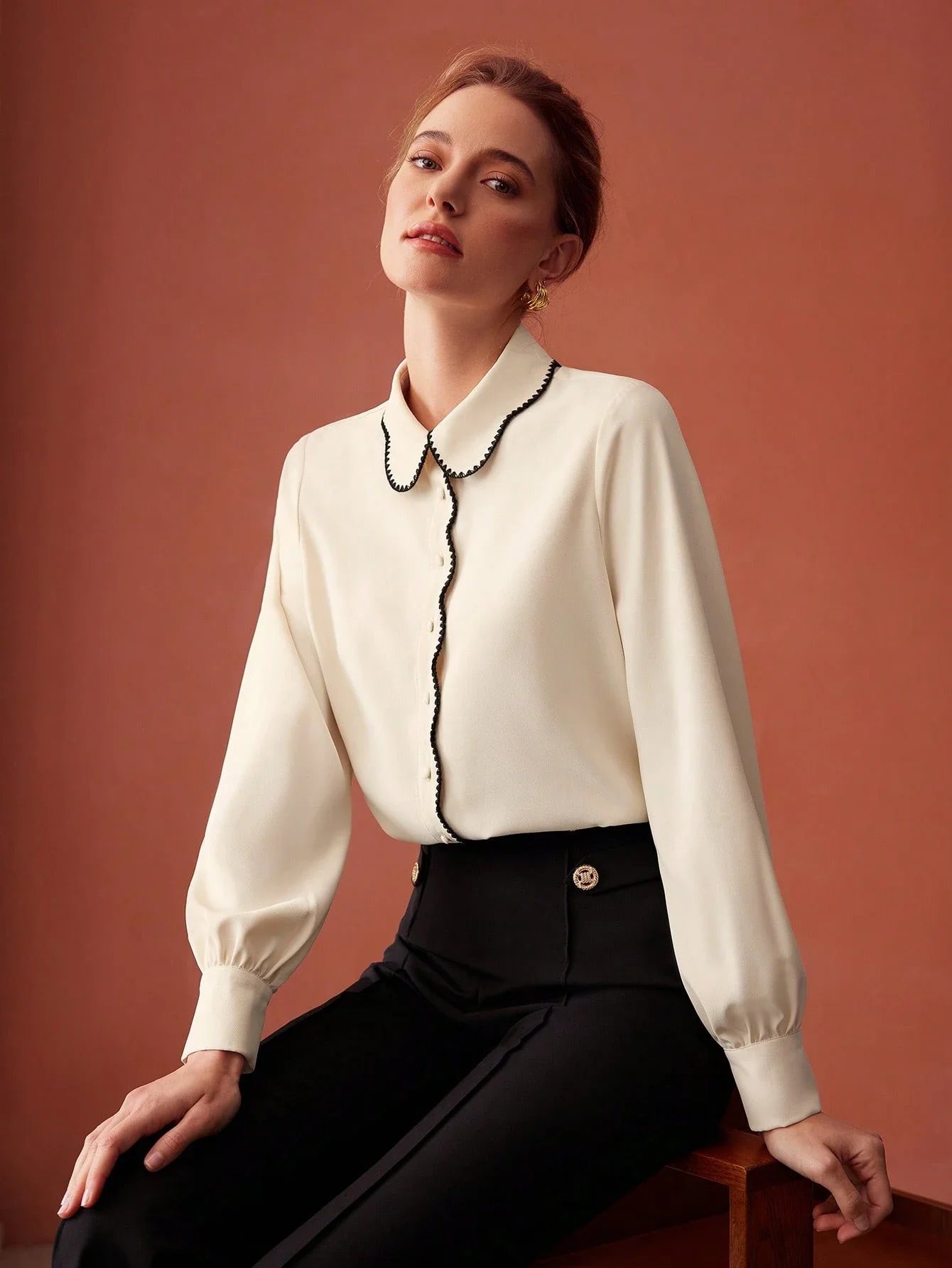 

Elegant Peter Pan Collar Blouse With Contrast Stitch Detail
