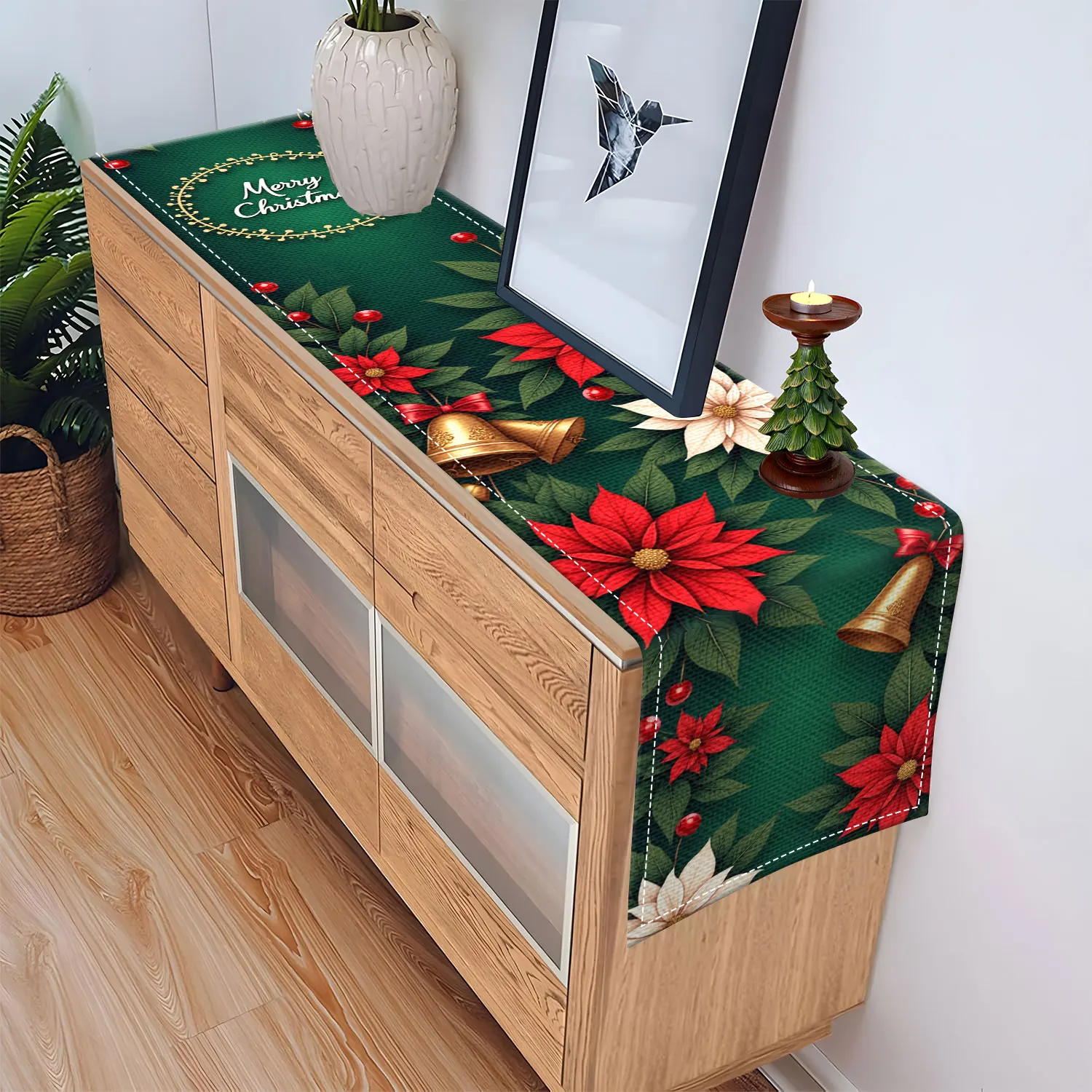 قطعة واحدة من مفرش طاولة بطابع عيد الميلاد، تتميز بونسيتيا وأجراس وأنماط زهور، مناسبة لحفلات عيد الميلاد وديكور المنزل في العطلات #5