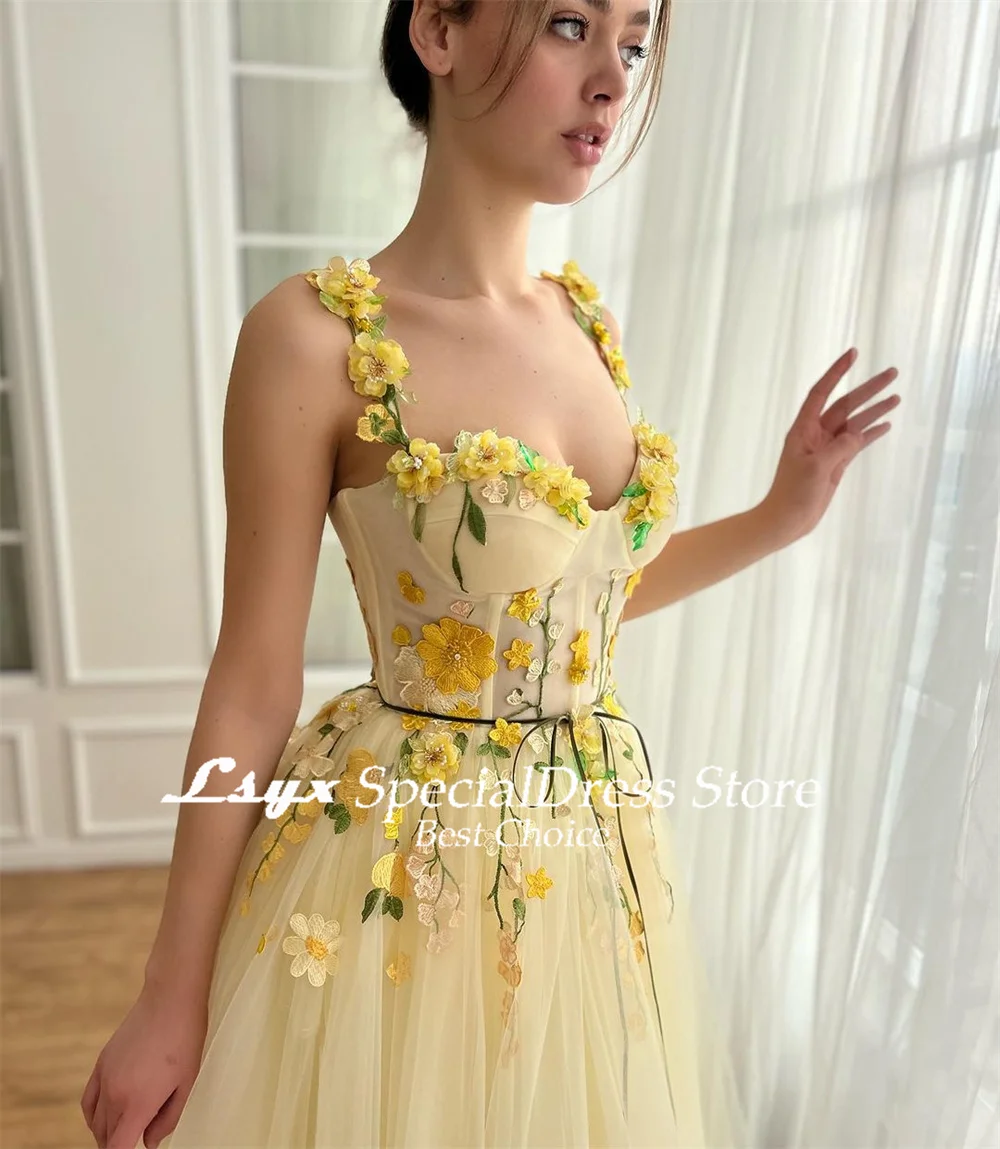 LSYX-Vestido de tule amarelo com apliques florais, vestidos de noite em linha A, cinta de espaguete, vestido de baile, 2024