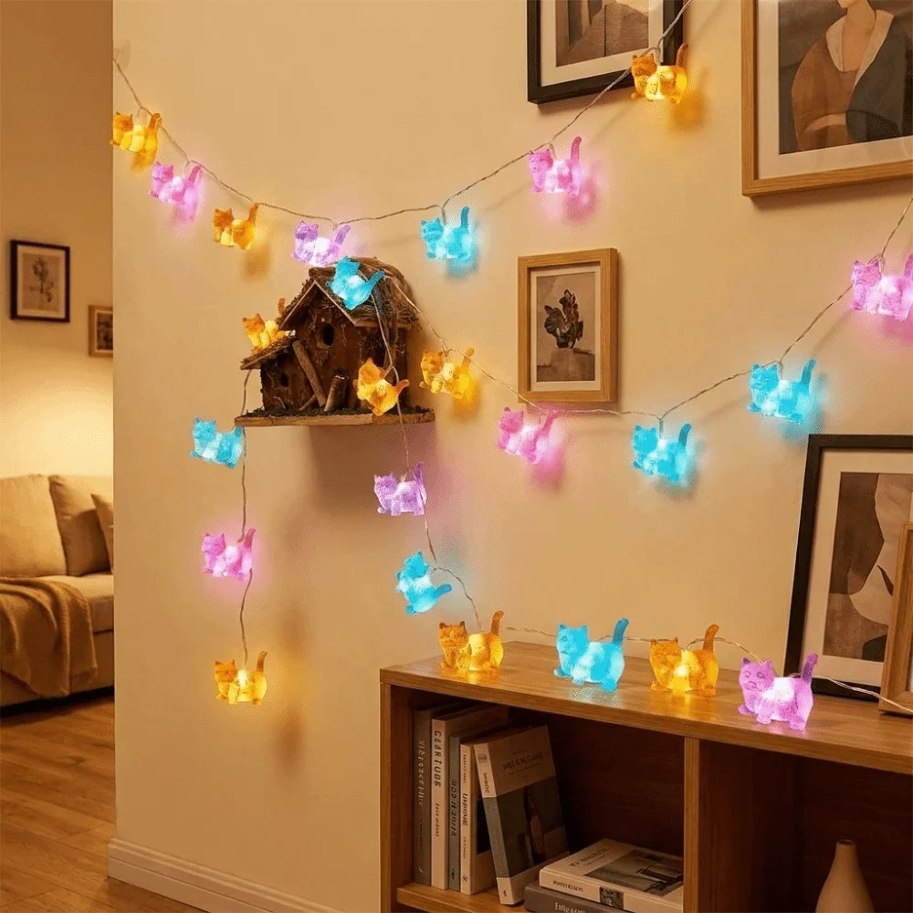 10/20pcs Lights Cat Shaped String Lights Cute Cartoon Kitten Decorative Light Battery Operated Christmas Tree Decorative Lights