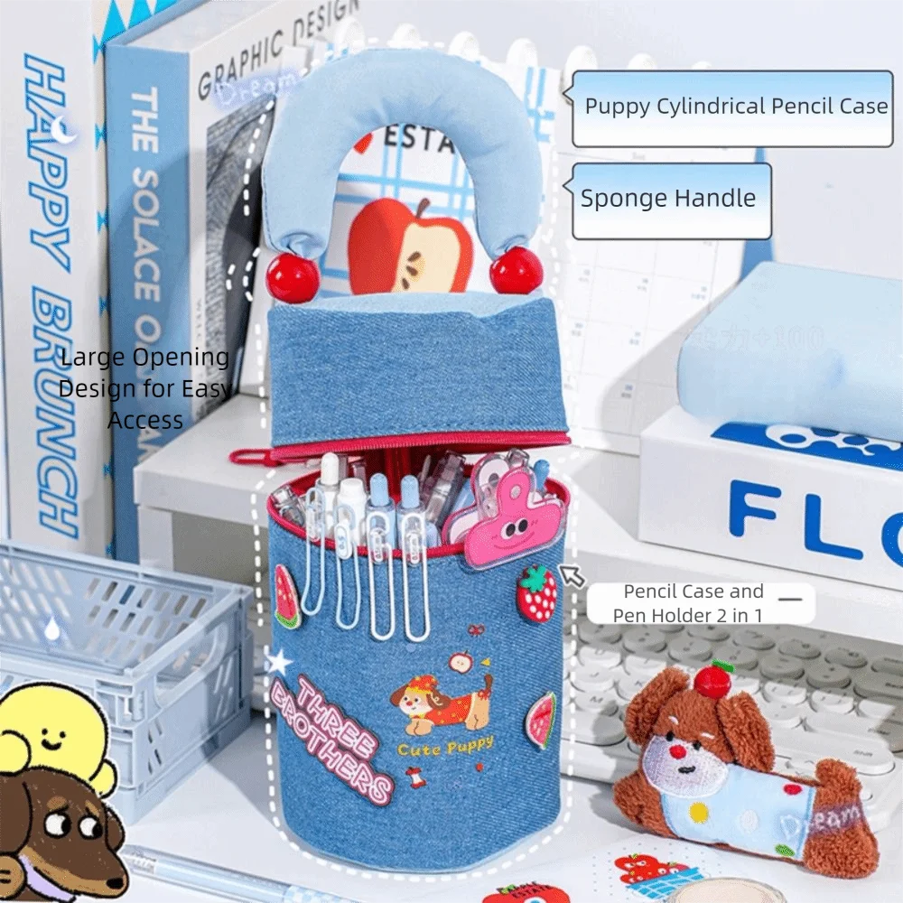Puppy Pattern Cartoon Pen Holder Large Capacity Sweet Pencil Storage Bag Trendy with Handle Multi-layer Stationery Bag