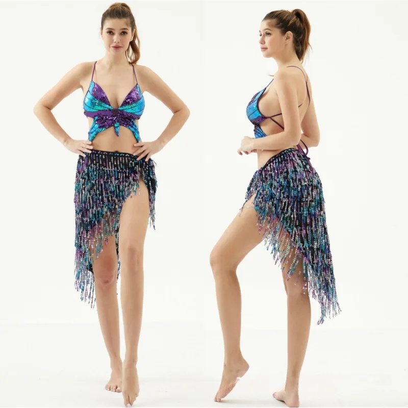 Sexy Belly Dance Outfit with Waist Chain Hip Scarf Wrap Skirt Sequins Fringe Heavy Work Performance Costume