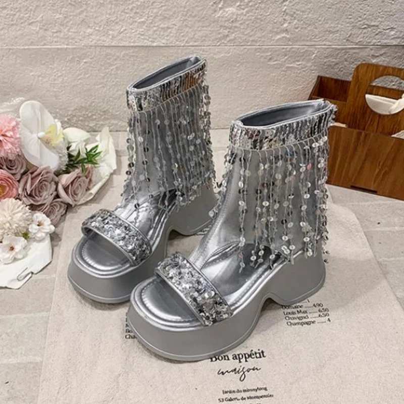 8cm Fashion Studded Sandals Women's Shoes Flip Flops Tassel Summer Platform Bling Boots Luxury Corrective Toe Clip Boots 35-40