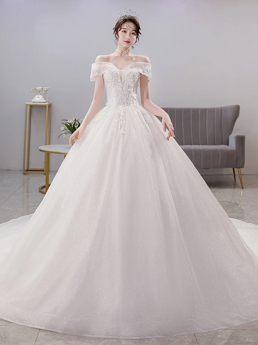 2023 semplice ed elegante abito da sposa scollo a barca con spalle scoperte abito da sposa in pizzo con paillettes Vestido De Noiva Plus Size realizzato su misura