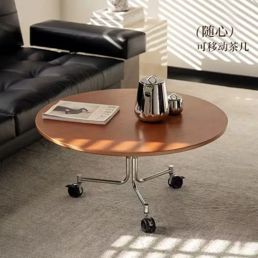 New coffee table movable solid wood tempered glass modern simple stainless steel Bauhaus floor small round table