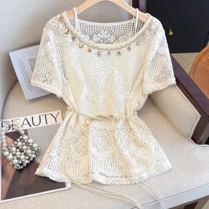 

Богемная вязаная крючком полая рубашка, женская летняя рубашка 2025, новый нежный и милый уникальный топ на шнуровке на талии