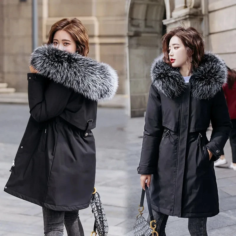 Super Warm Faux Fur Collar Winter Coats Elegant Slim Velvet Lined Hooded Parka Women Oversize 95kg Mid Length Plush Thick Jacket