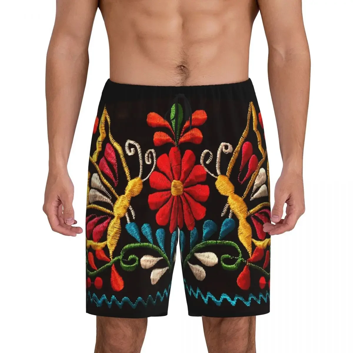 Custom Print Men Butterflies And A Red Flower Pajama Shorts Sleep Pjs Sleepwear Bottoms with Pockets