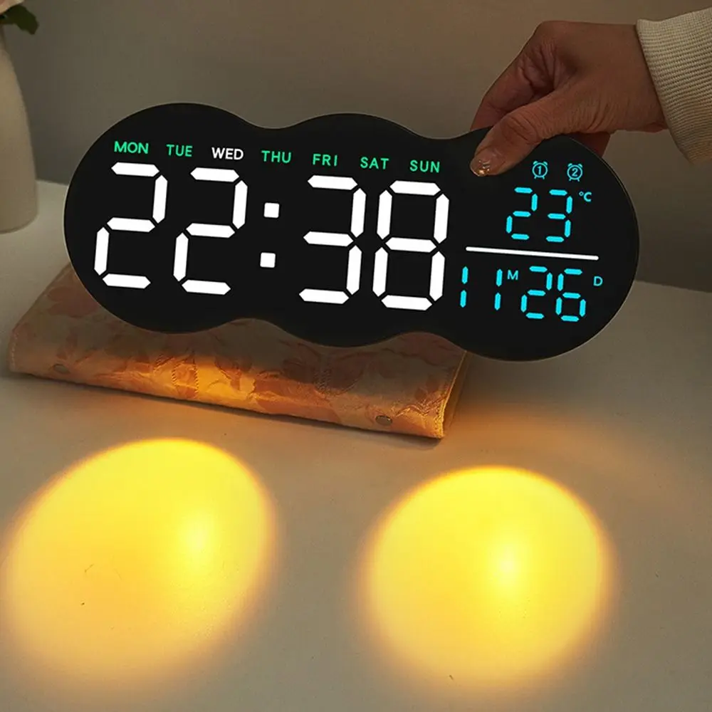 Multi-functional Digital Wall Clock with Ambient LED Light Remote Control Wall-mounted Electronic Clock Two Set Alarms Large
