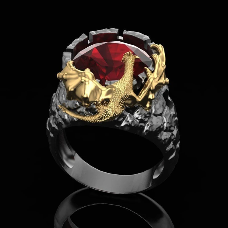 Punk Style Personality Domineering Men's Ring Golden Dragon Guarding Natural Red Crystal Jewelry Men's Banquet Party Band Ring