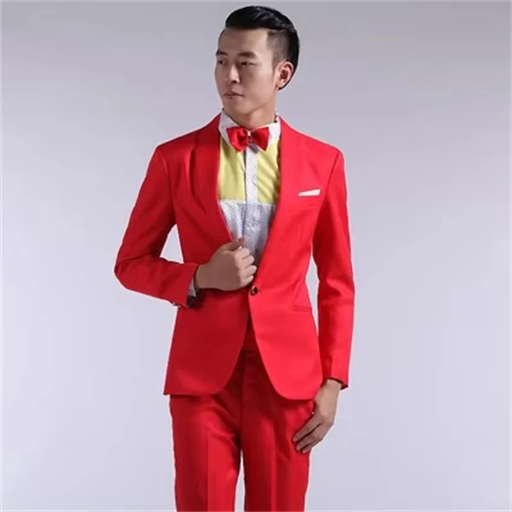 New Long-Sleeved Men\'s Suits Dress Hosted Theatrical Tuxedos For Men Wedding Prom Red Yellow Blue And Green M L Suit Men