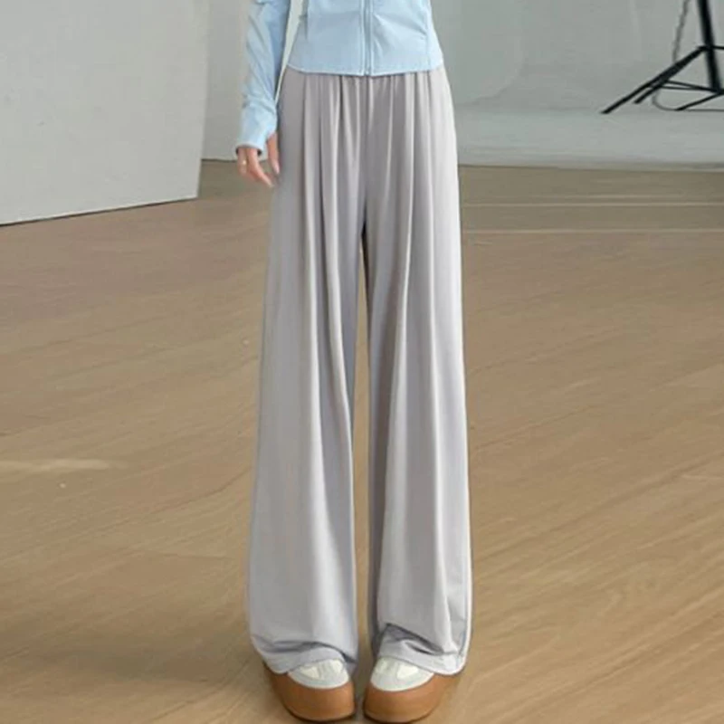 Pantaloni lunghi casual da donna in seta di ghiaccio di vendita calda Pantaloni classici larghi a vita alta da donna Pantaloni casual solidi alla moda