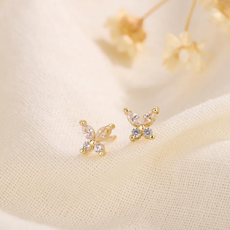 Korean Fashion 925 Silver Needle Zircon Earrings For Women Mini Butterfly Sweet Stud Earring Girls Flower Piercing Jewelry Gifts