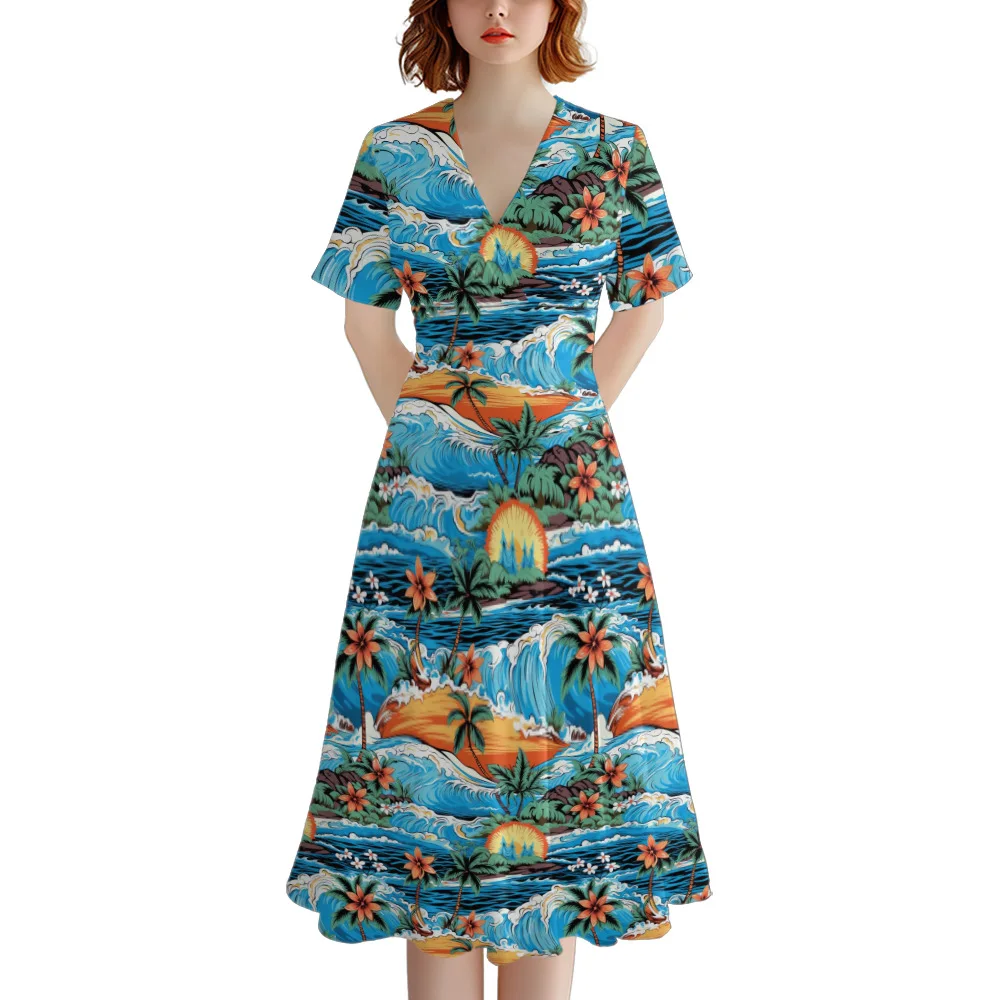 

Hawaii Beach Holiday Dress Girl Print Illustration Summer 2025 New Simple Waisted Maxi Dress