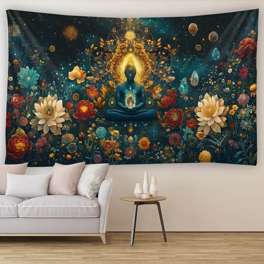 Meditation Flower Art Tapestry Geometric Fractal Design for Living Room Sofa Feature Wall Home Decor Ideal for Room And Homestay