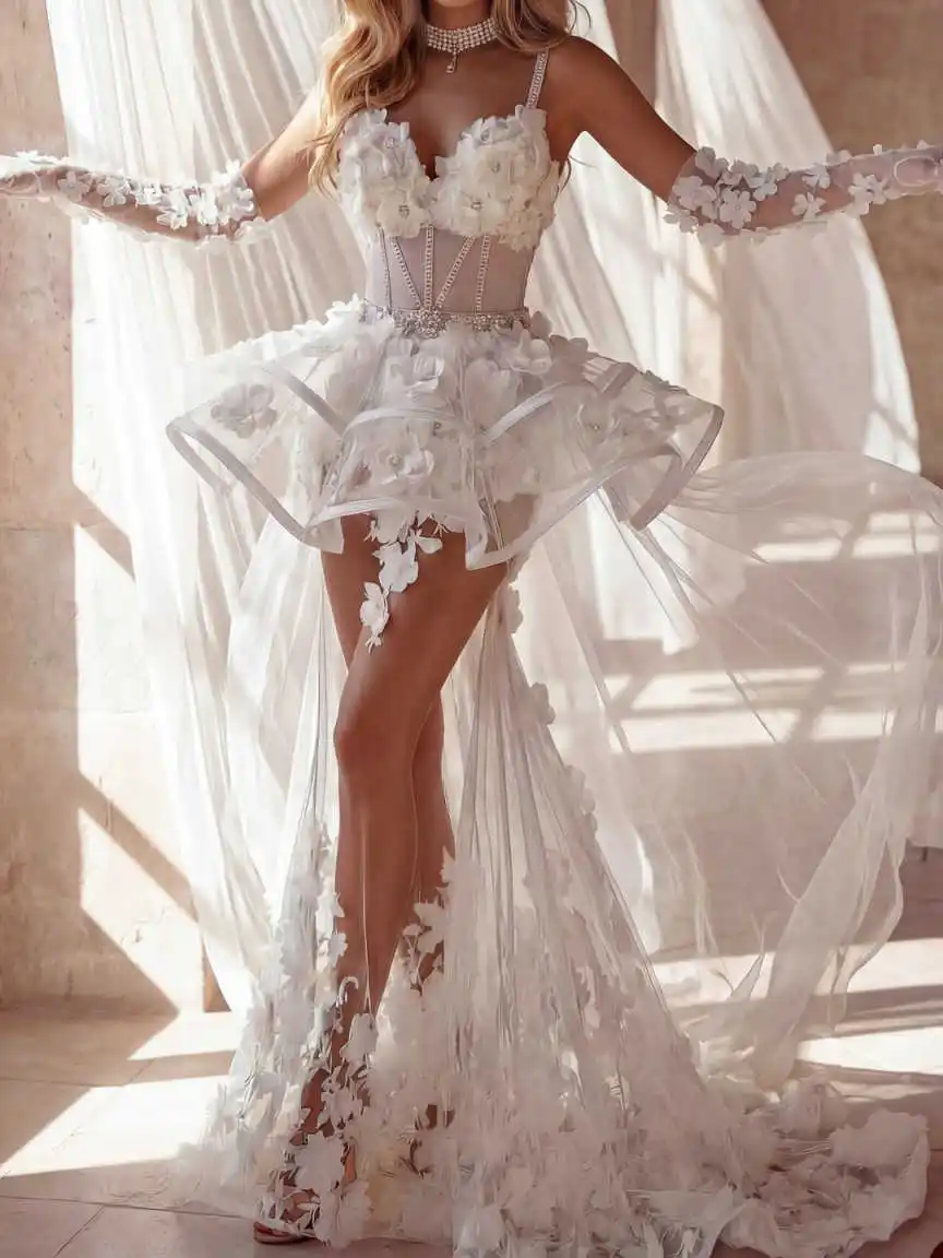 Graceful Customized Mini Wedding Dress With Spaghetti Strap Appliques Pearls Beaded Full Sleeve Princess Vestidos De Novia