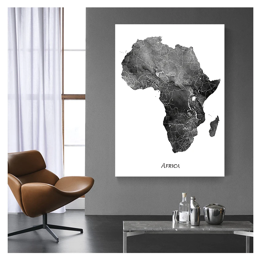 map travel wall art canvas painting gray black white living room home decoration painting Africa map posters and prints