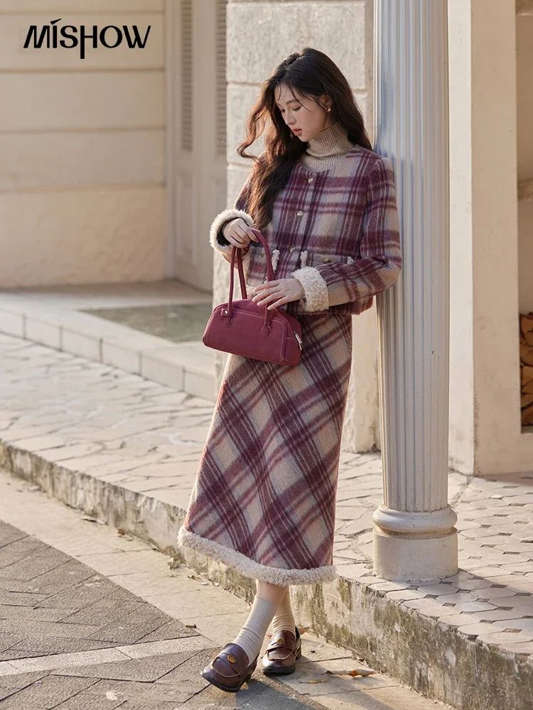 MISHOW Plaid Tweed Jacket Midi Skirt Separately Women 2024 Winter Korean Gentle Thick O-Neck Jacket Straight Skirt MXD54W0562