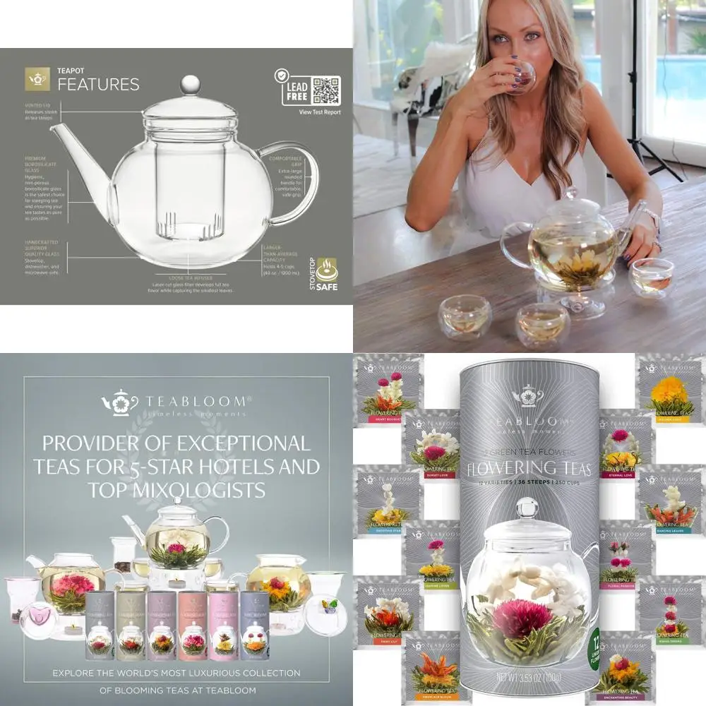 

Elegant Glass Tea Set: 40 oz Teapot, Loose Leaf Infuser, 4 Insulated Cups, Candle Warmer, 12 Blooming Teas