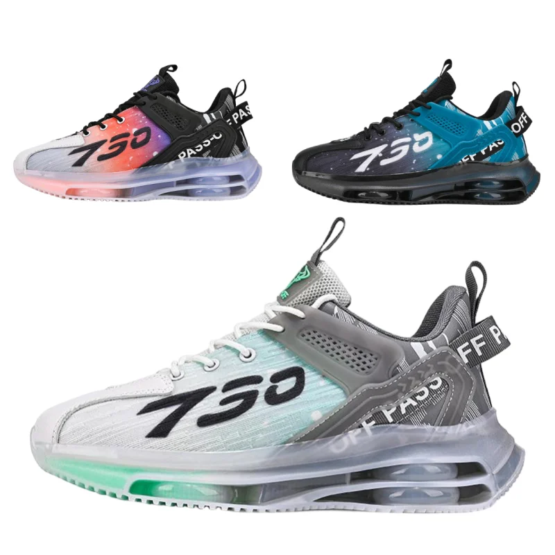 

A tech-savvy men's air cushion sports shoe with multi-color patchwork design, and a breathable mesh upper for comfort.