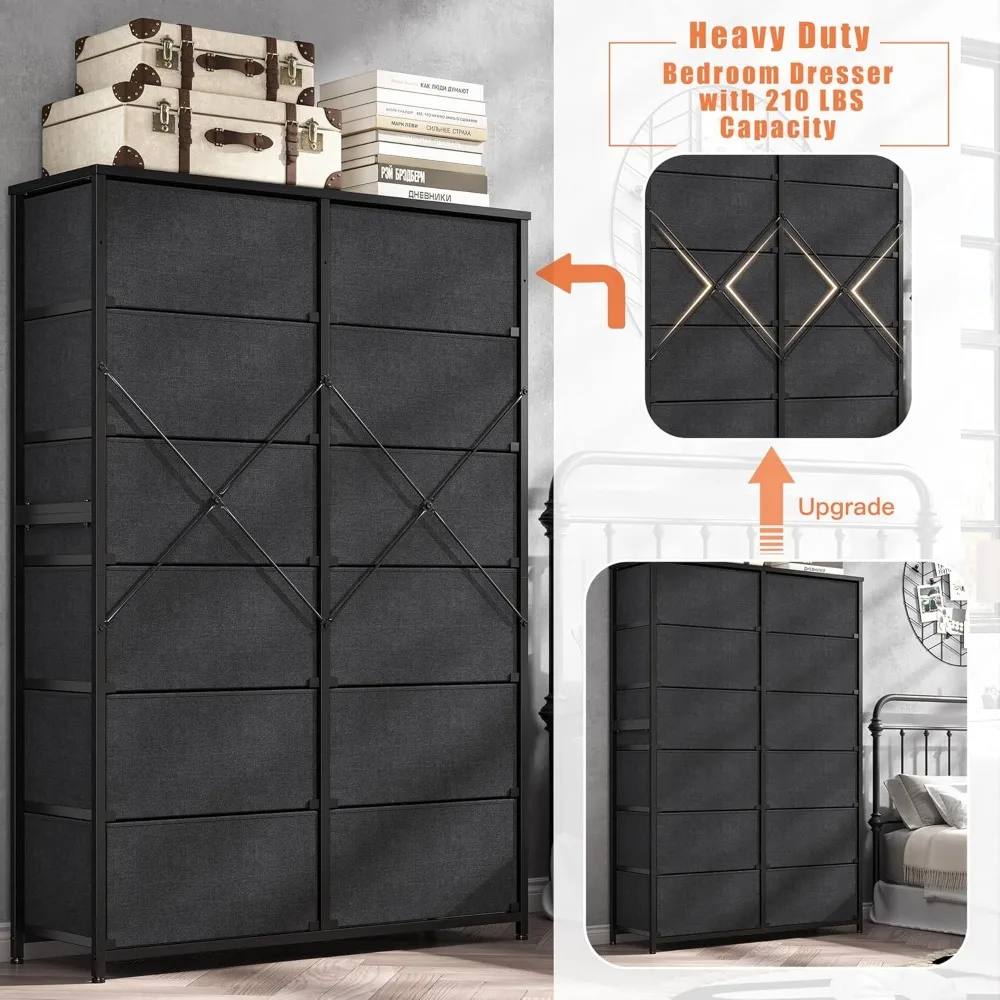 Commode haute haute capacité en noir pour chambre à coucher, solution de rangement à 12 tiroirs