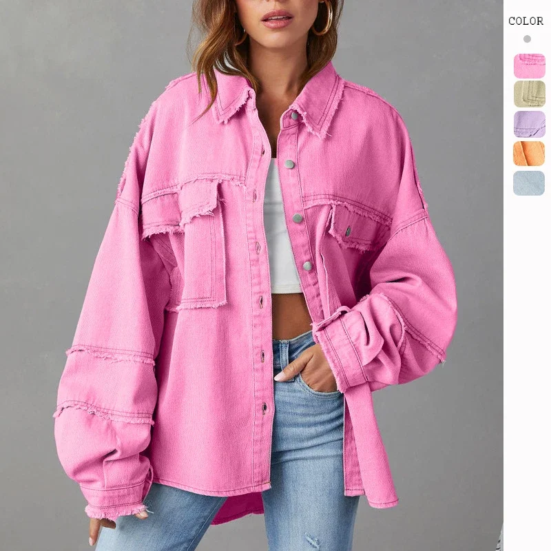 Pop New Raw-edges Denim Jacket Women Spring Autumn Shirt Style Jean Coat Casual Top Rose-Red Orange Purple Outerwear Lady Coat