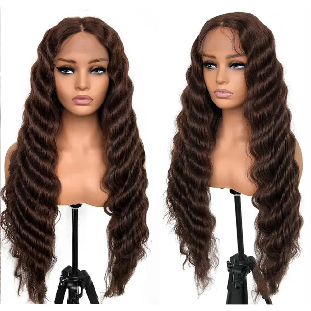 Loose Deep Wave Chocolate Brown Lace Front Wigs Pre Plucked Synthetic Glueless Dark Brown Lace Frontal Crimp Curly Wig for Women