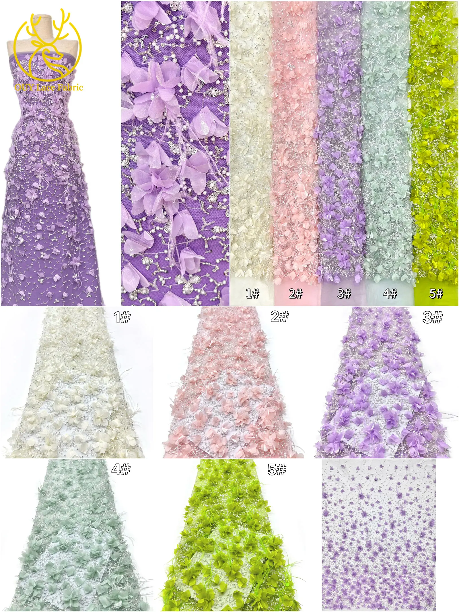 Eleganter handgefertigter 3D-Applikations-Spitzenstoff 2026, hochwertige französische Pailletten-Tüllspitze für Hochzeits- und Partykleider, 5 Yards – Detail 3