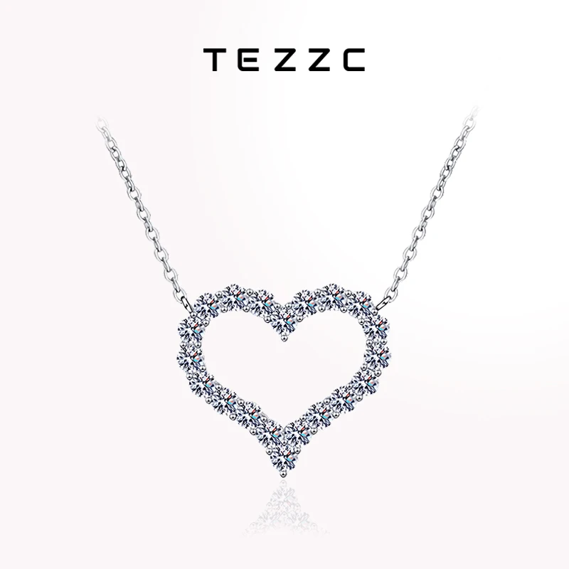 

Tezzc All Moissanite Necklace for Women 925 Sterling Sliver with18k Gold Plated Heart Necklaces with Certificates Fine Jewely