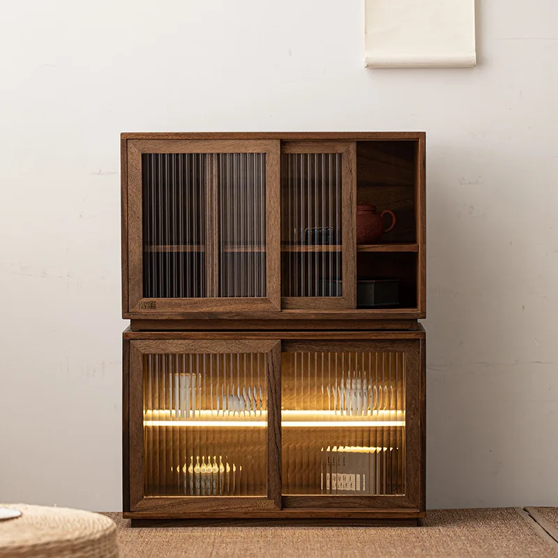 

Walnut desktop storage cabinet creative sliding door sensor light dustproof tableware wine coffee water cup tea set rack