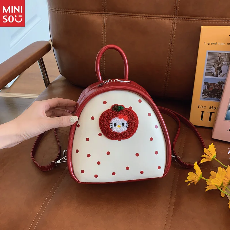 Miniso 2025 Apple Polka Dot Cat Backpack, Cute School Bag for Girls with Top Handle