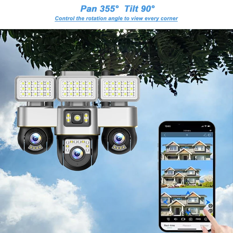 واي فاي كاميرا مراقبة بعدسة ثلاثية 12MP في الهواء الطلق PTZ CCTV كامل اللون للرؤية الليلية إضاءة مقاومة للماء كاميرا ويب اتجاهين الصوت