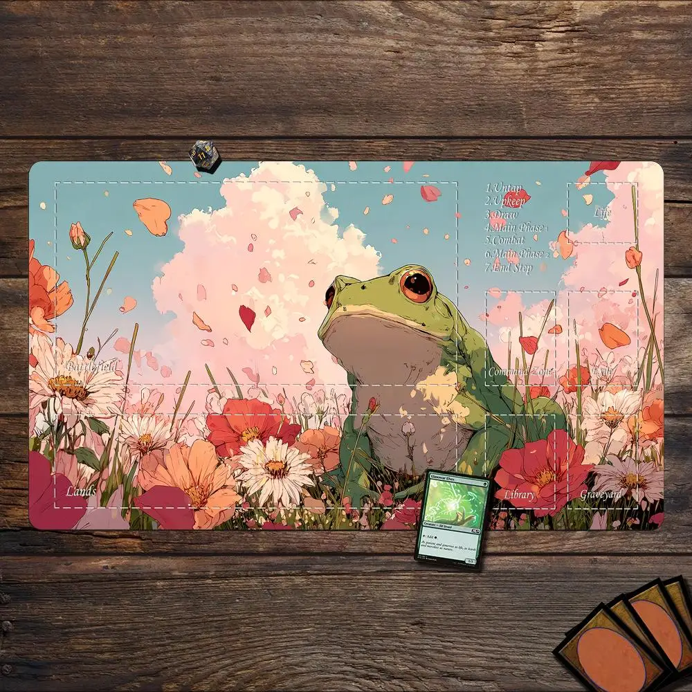 رسم توضيحي على شكل ضفدع رومانسي، بساط لعب سحري، سجادة ألعاب المعركة مع منطقة MTG، سجادة مكتبية مناسبة لجمع الألعاب