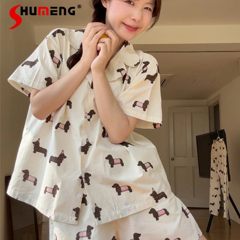 

Cartoon Cotton Homewear for Women Summer Turn Down Collar Cardigan Pajama Set Female Short Sleeve Loose Long Pants Suits
