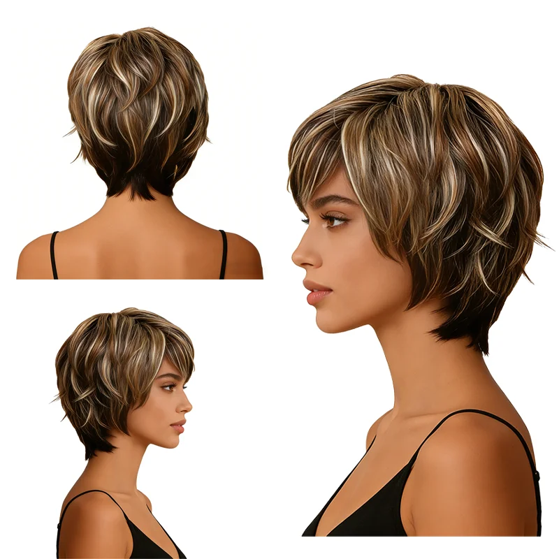 Natural Fluffy Short Pixie Cut Wig For Black Women Highlight Brown Blonde Layered Bob Wig with Bangs Heat Resistant Wig Daily