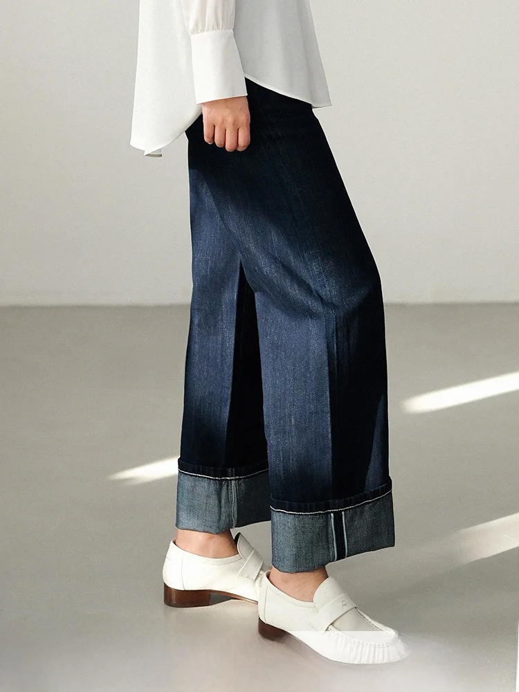 

Прямые хлопковые льняные джинсовые брюки с высокой талией, женские весенне-осенние широкие брюки, длинные брюки глубокого цвета с высокой талией