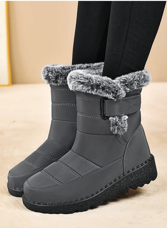 Damen-Schneestiefel bis zur Mitte der Wade, warm, mit Plüschfleece gefüttert, mit Klettverschluss, Pompon-Dekor, rutschfeste dicke Sohle, Winter-Freizeitschuhe für kaltes Wetter. – Detail 16