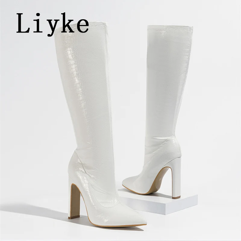 Liyke Autumn Winter Knee High Boots Women Black Snake Print Leather Pointed Toe Party Stripper High Heels Zip Long Shoes Female